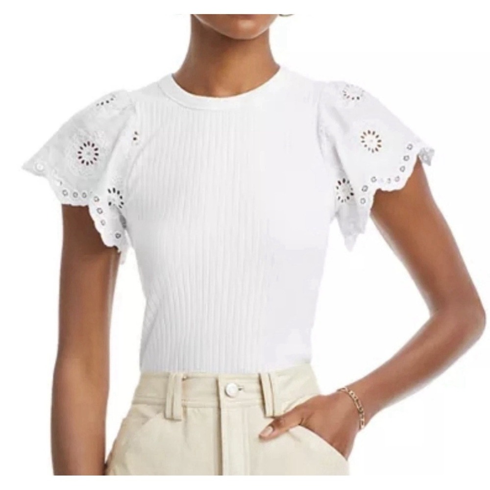 RAILS X-Small White Shirt Reza Eyelet Sleeve Ribbed Top Women's XS